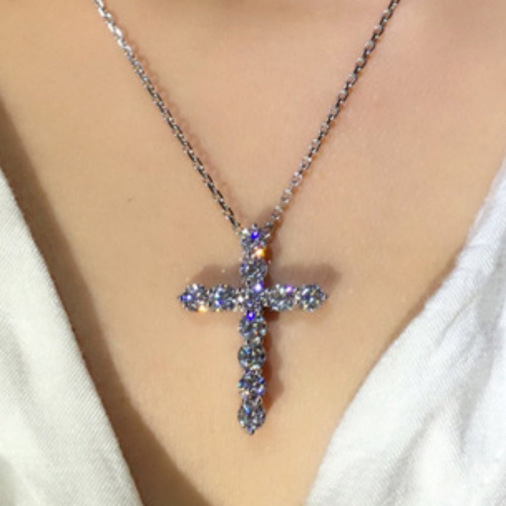 925 Silver Baguette Round Diamond Cross Necklace